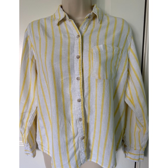 Universal Thread Tops - Universal Thread Women's Sm White & Yellow Striped Linen-Blend Relaxed Fit Shirt